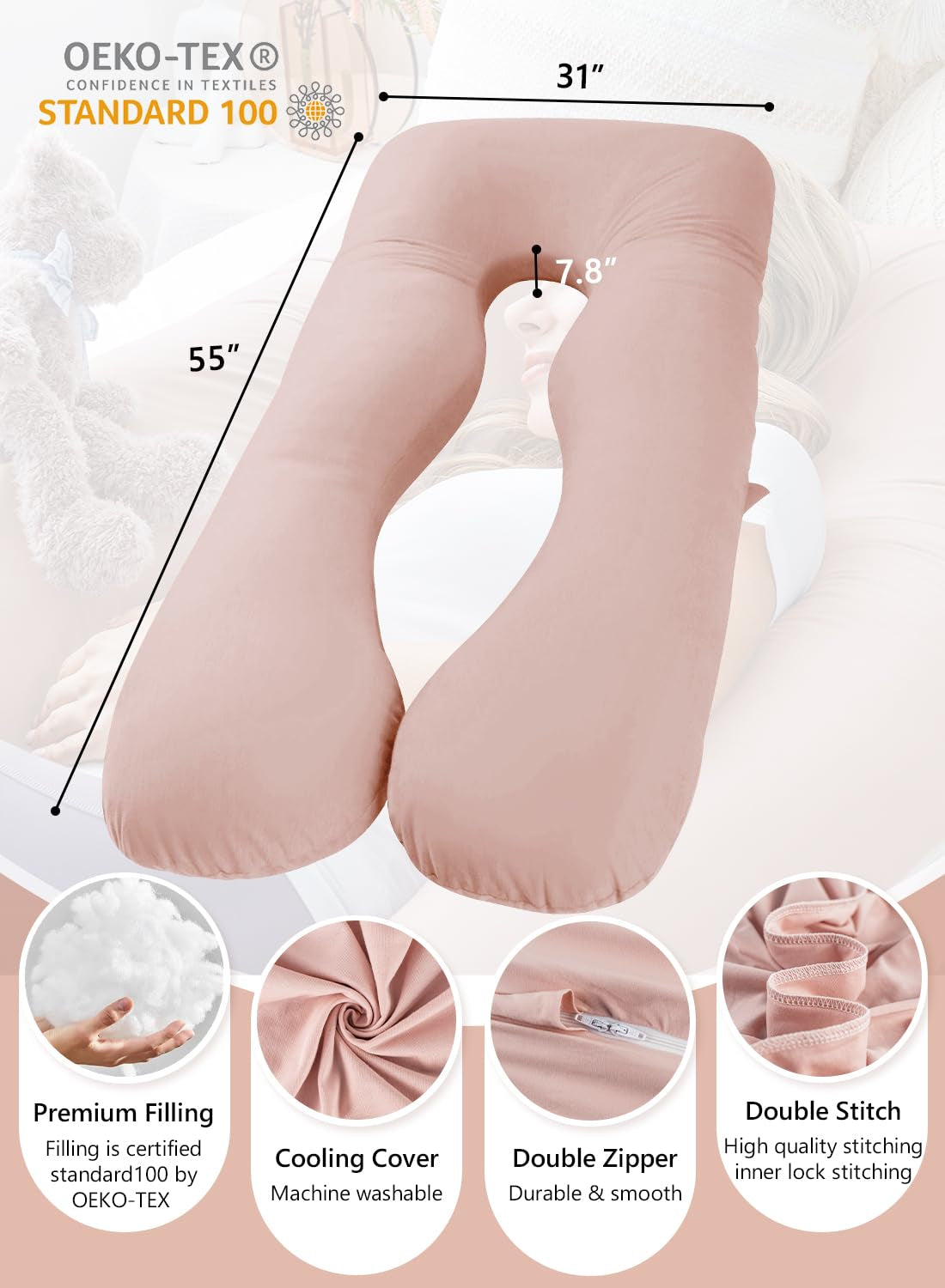 Cooling U-Shaped Pregnancy Body Pillow with Jersey Cover