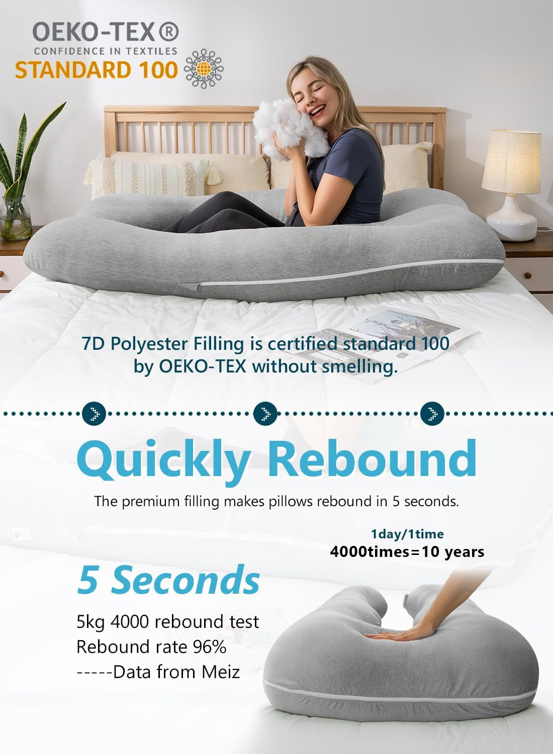Grey Cooling Bamboo Rayon U-Shaped Pregnancy Pillow – 55 Inch