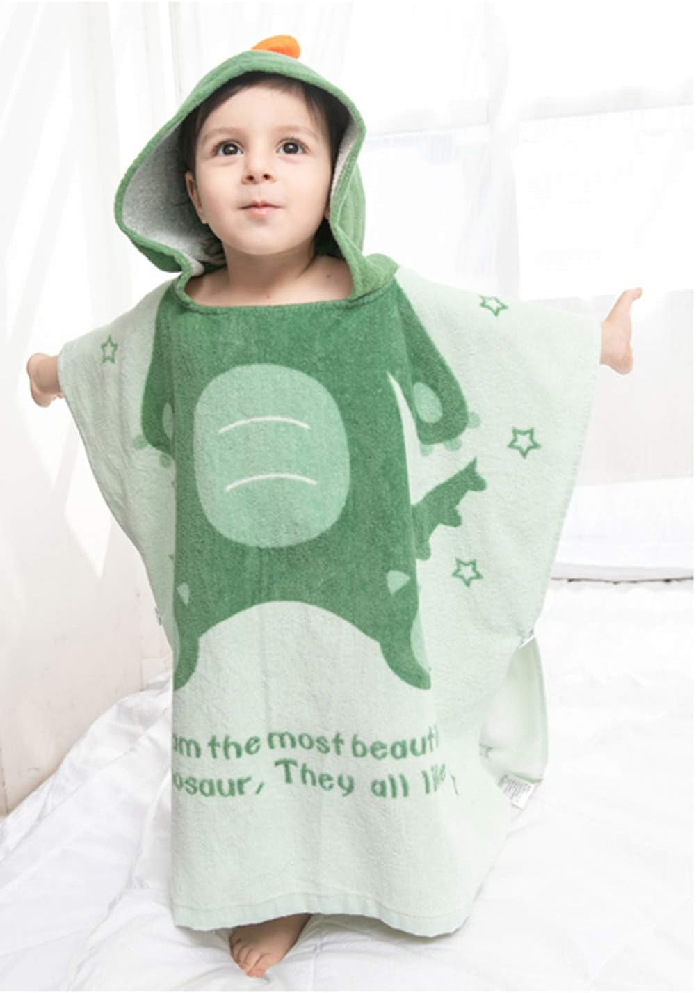 Kids Dinosaur Hooded Towel Poncho — Cotton, Ages 5–9