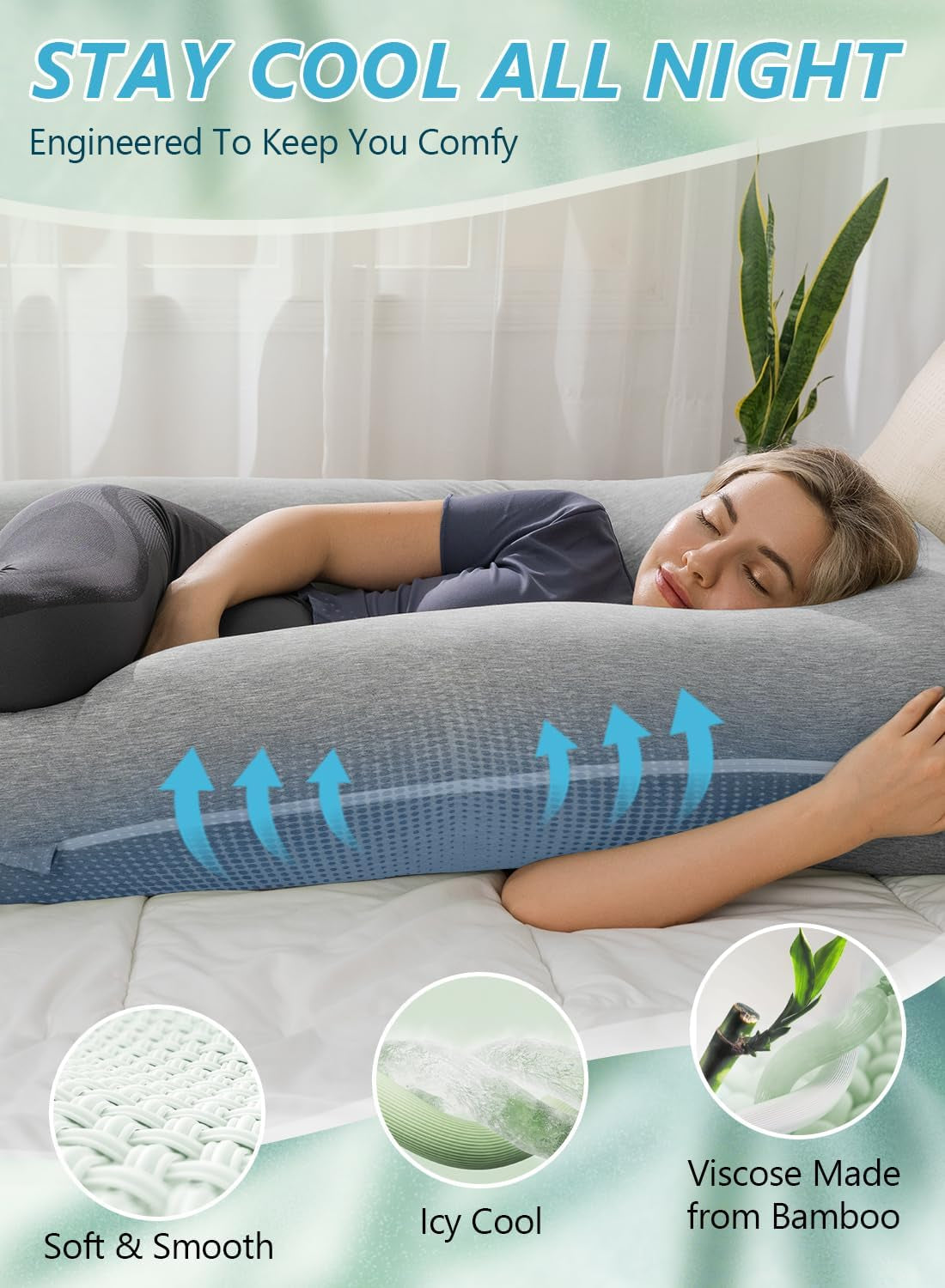 Grey Cooling Bamboo Rayon U-Shaped Pregnancy Pillow – 55 Inch