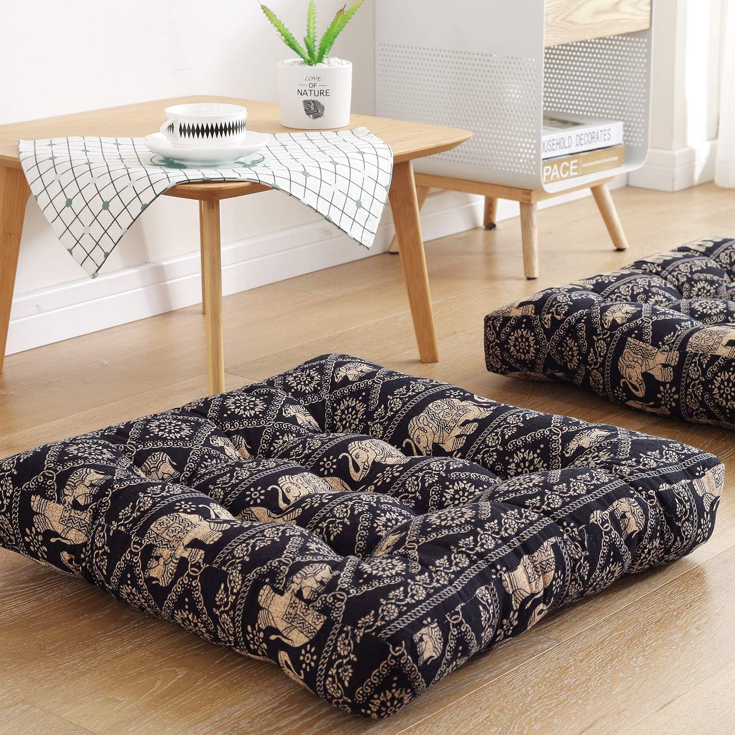 Boho Floor Pillow Cushion 22x22 – Beige Mandala Seat