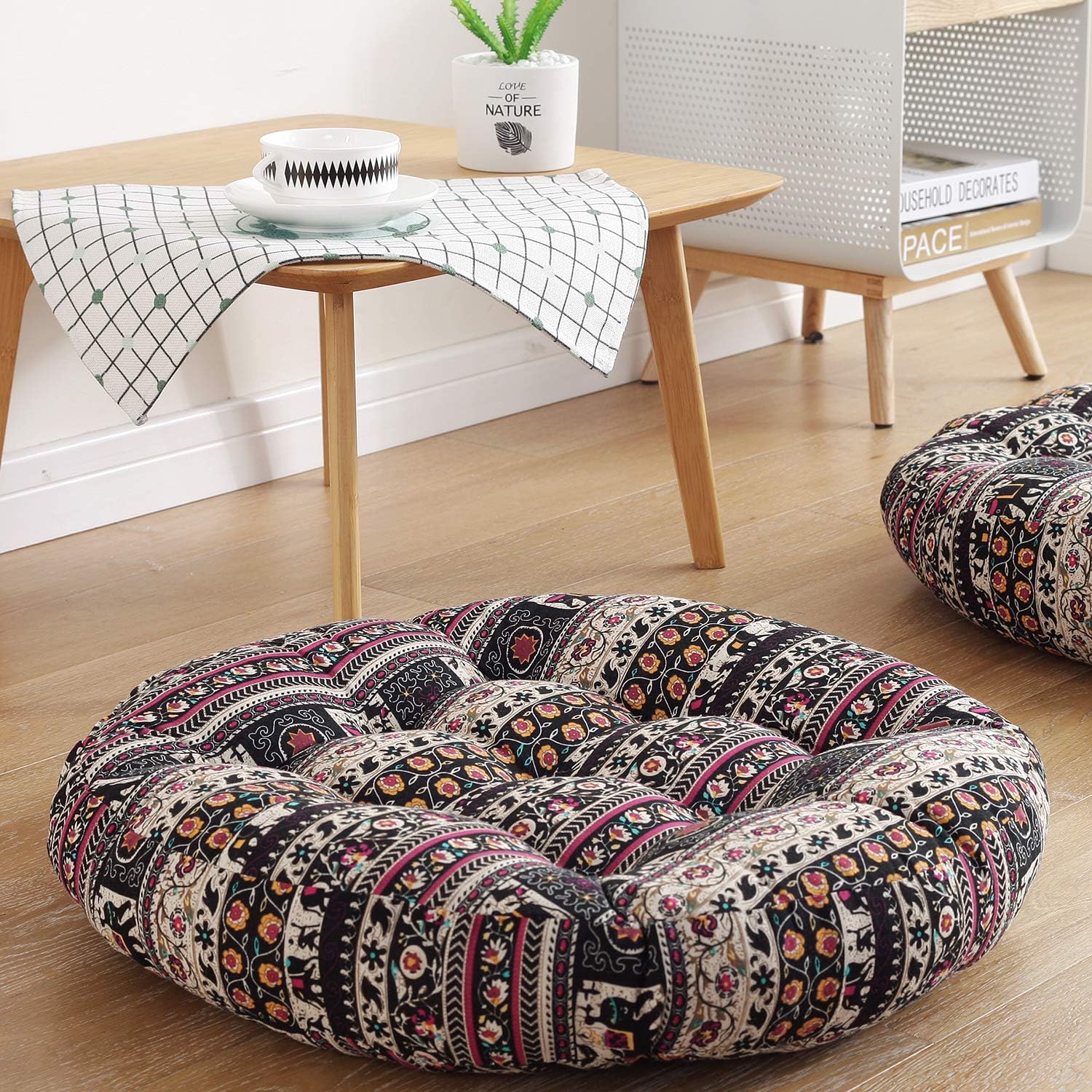 Boho Floor Pillow Cushion 22x22 – Beige Mandala Seat