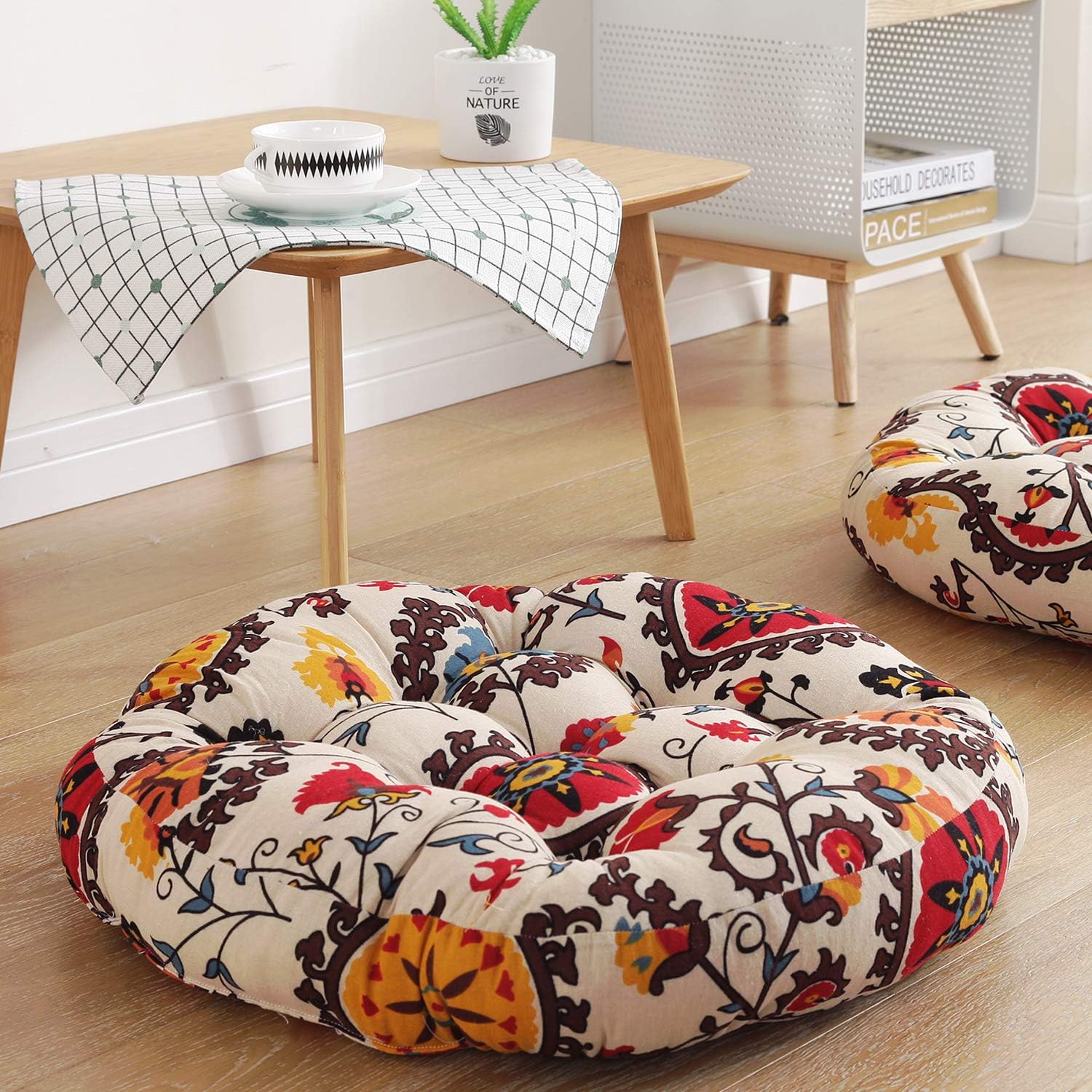 Boho Floor Pillow Cushion 22x22 – Beige Mandala Seat
