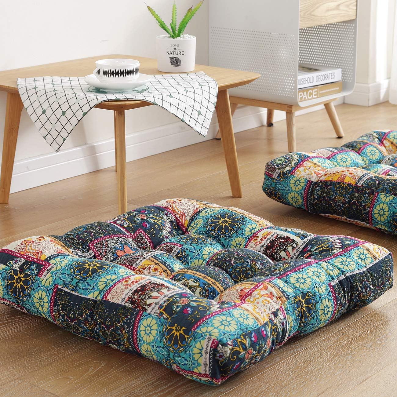 Boho Floor Pillow Cushion 22x22 – Beige Mandala Seat
