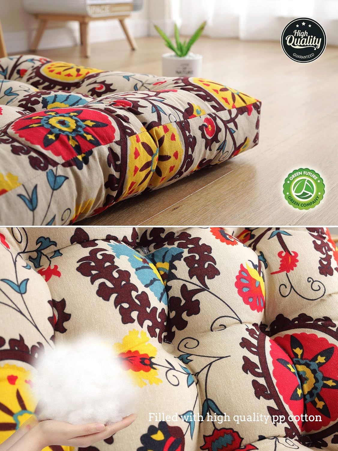 Boho Floor Pillow Cushion 22x22 – Beige Mandala Seat