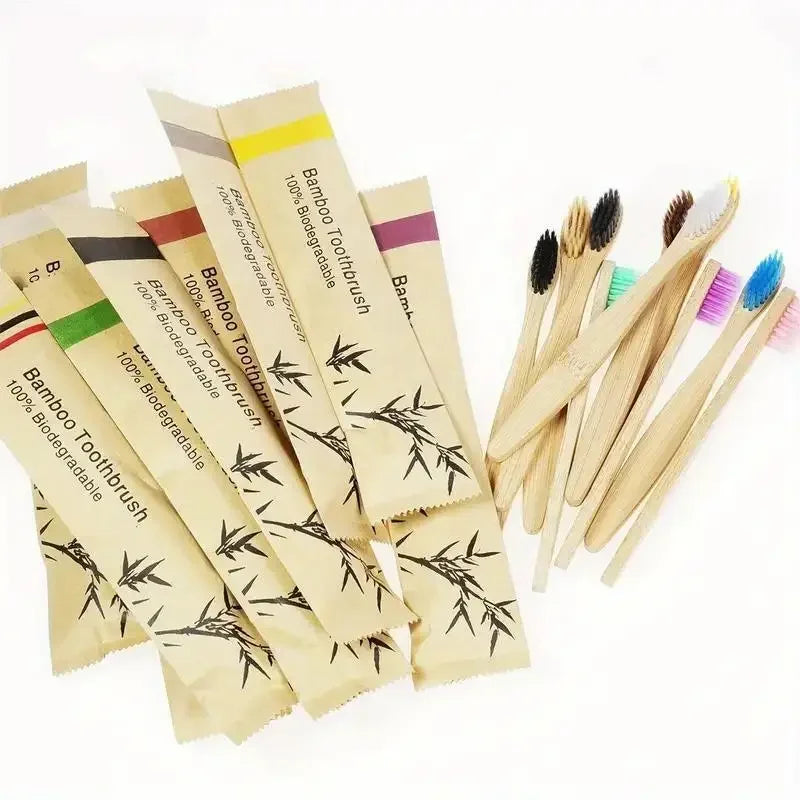Bamboo Toothbrush Set — 10pcs Eco-Friendly Cowhide Wrap