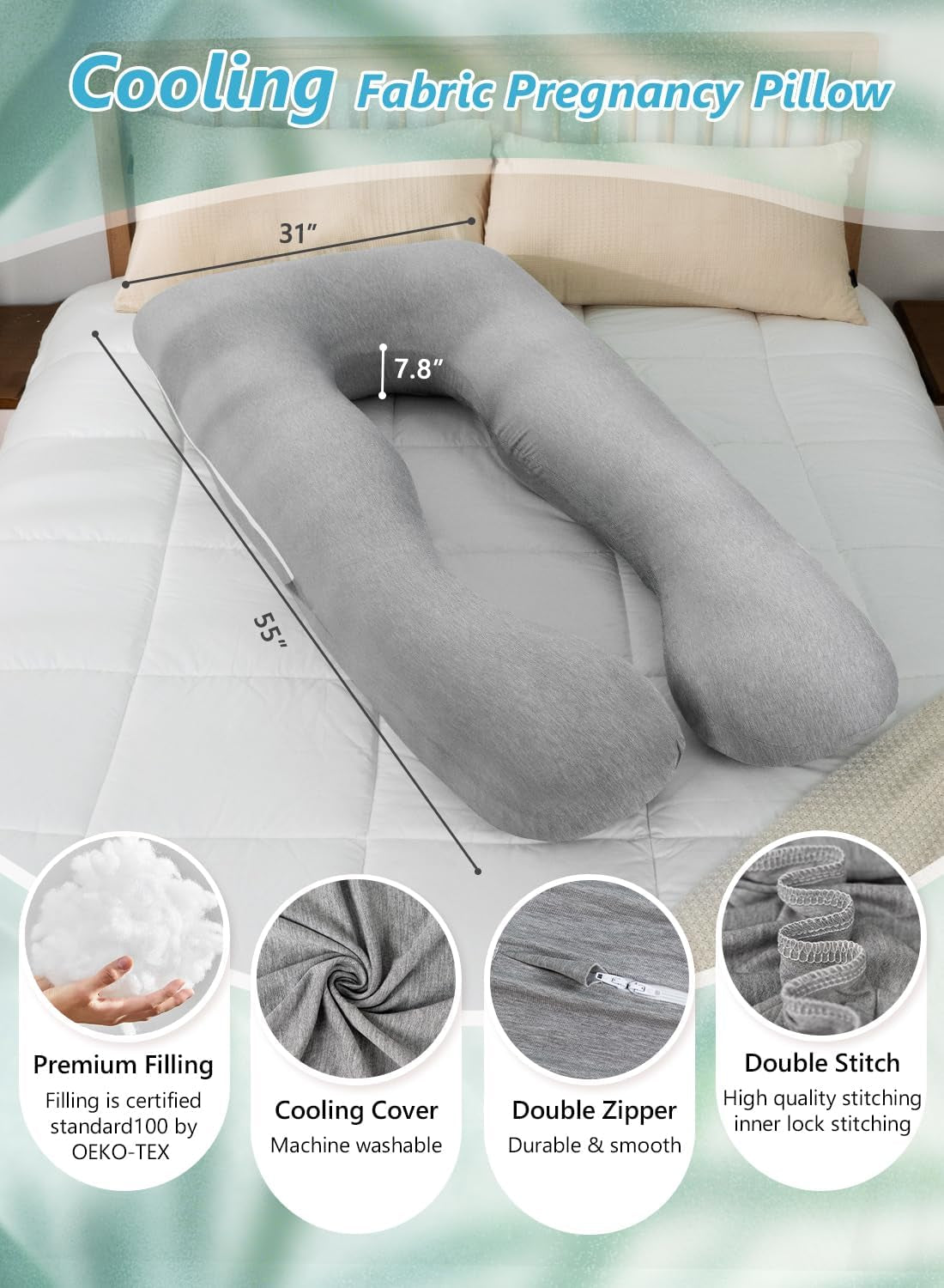 Grey Cooling Bamboo Rayon U-Shaped Pregnancy Pillow – 55 Inch