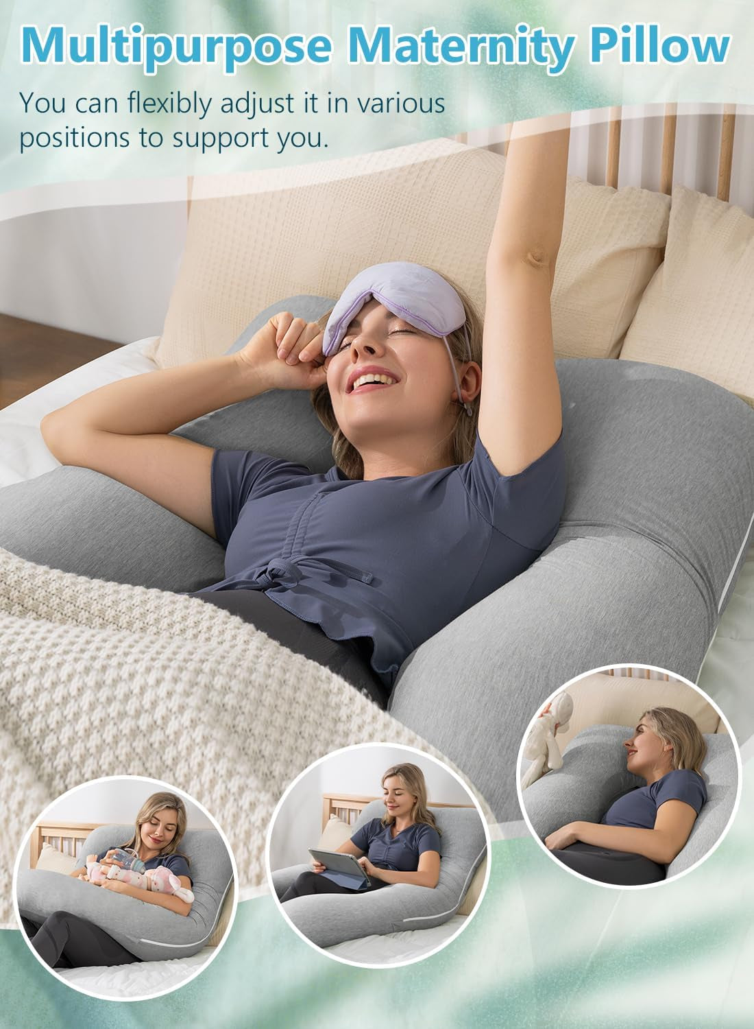 Grey Cooling Bamboo Rayon U-Shaped Pregnancy Pillow – 55 Inch