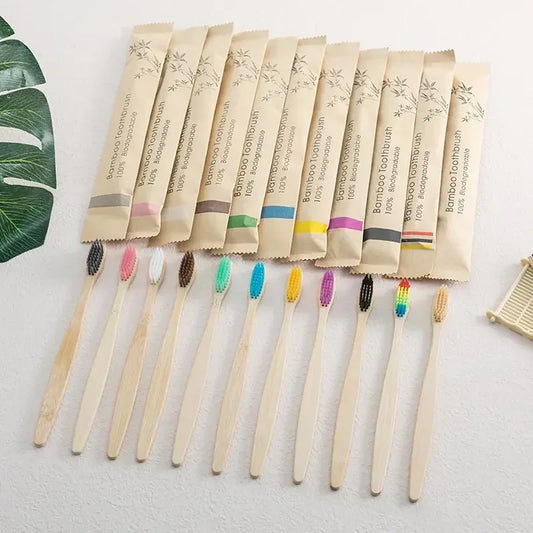 Bamboo Toothbrush Set — 10pcs Eco-Friendly Cowhide Wrap