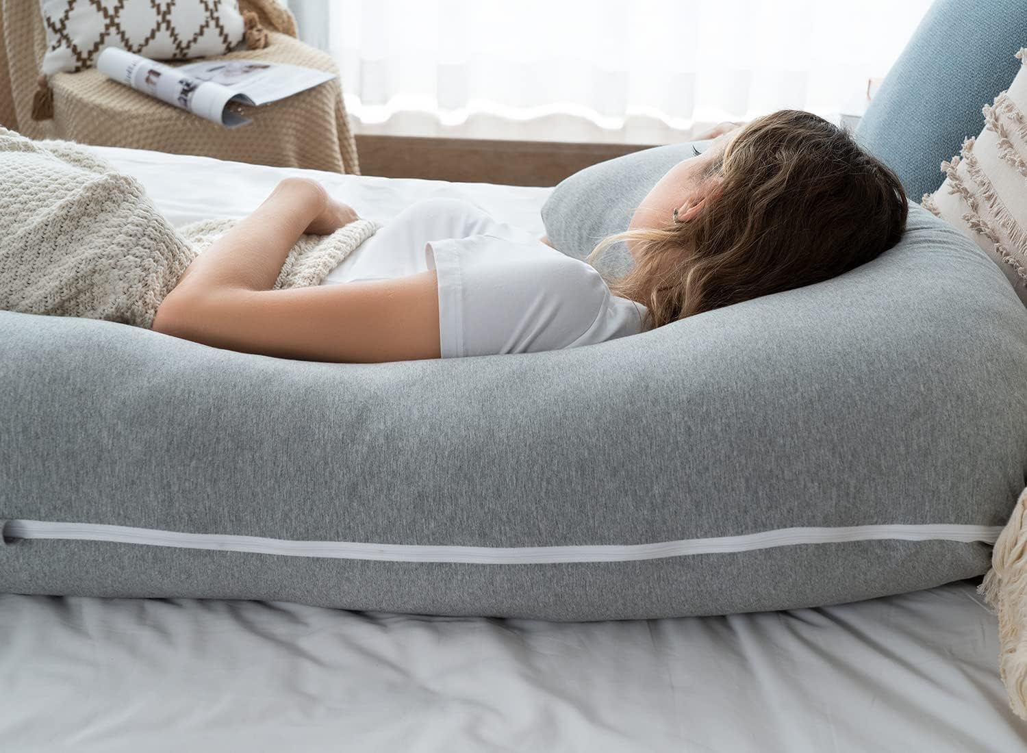 Gray L-Shaped Pregnancy Body Pillow with Jersey Cover