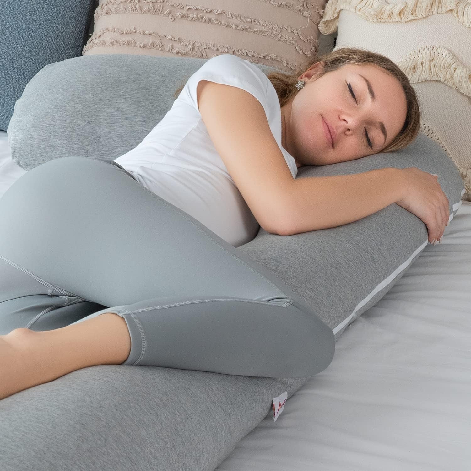 Gray L-Shaped Pregnancy Body Pillow with Jersey Cover