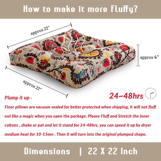 Boho Floor Pillow Cushion 22x22 – Beige Mandala Seat