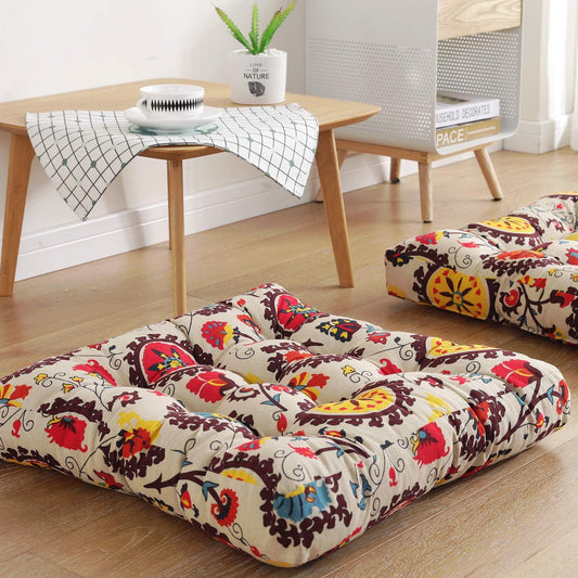 Boho Floor Pillow Cushion 22x22 – Beige Mandala Seat