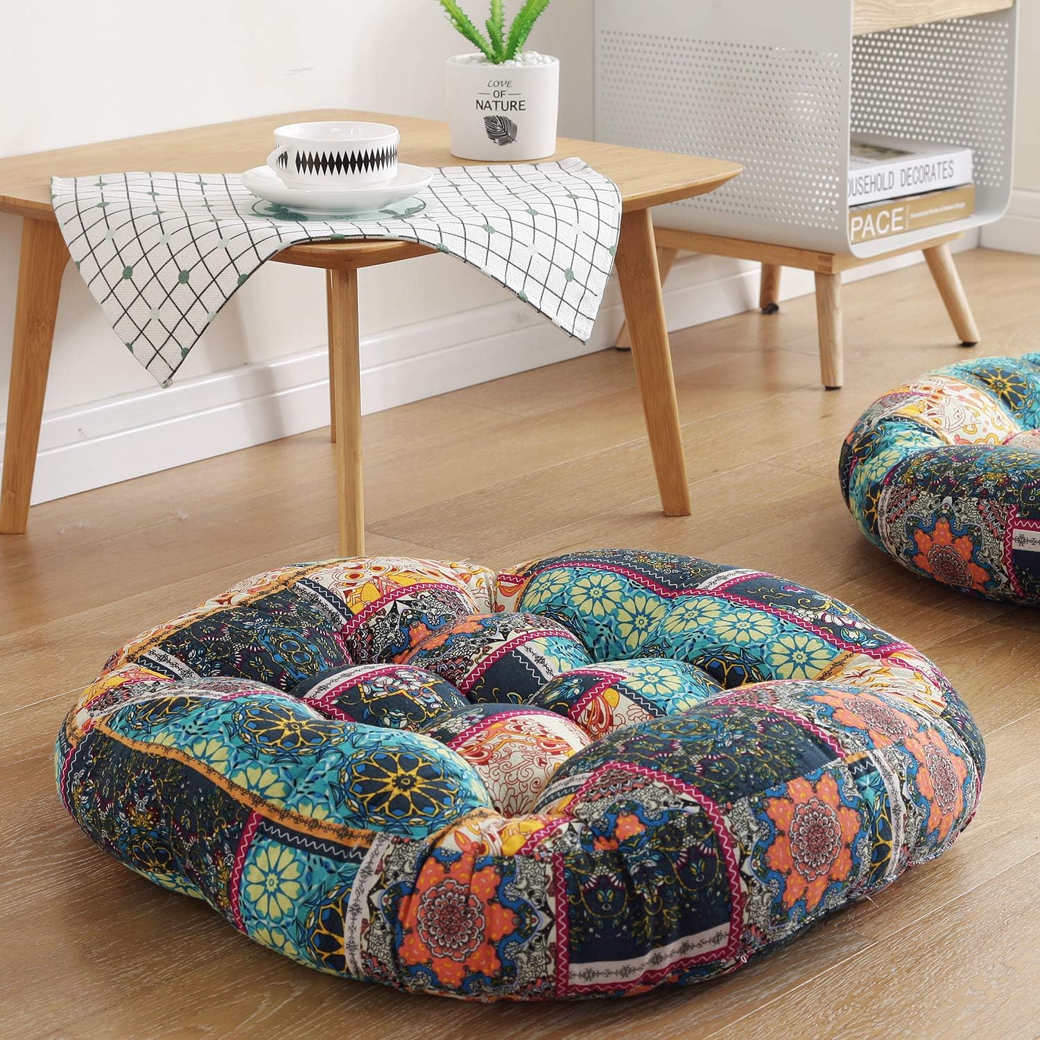 Boho Floor Pillow Cushion 22x22 – Beige Mandala Seat