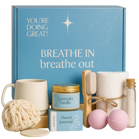 Self-Care Gift Box for Women — Mug, Candle, Bath Bombs, Soap