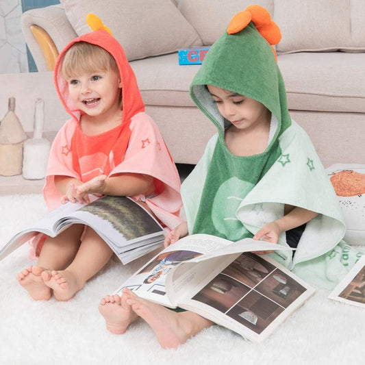 Kids Dinosaur Hooded Towel Poncho — Cotton, Ages 5–9