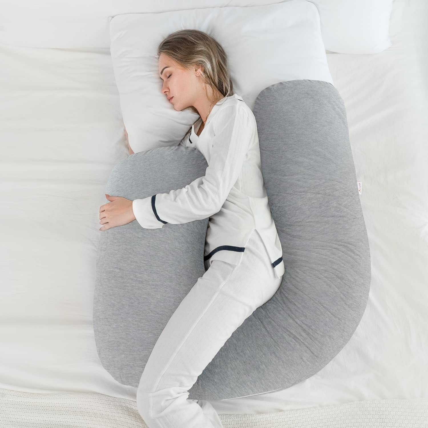 Gray L-Shaped Pregnancy Body Pillow with Jersey Cover