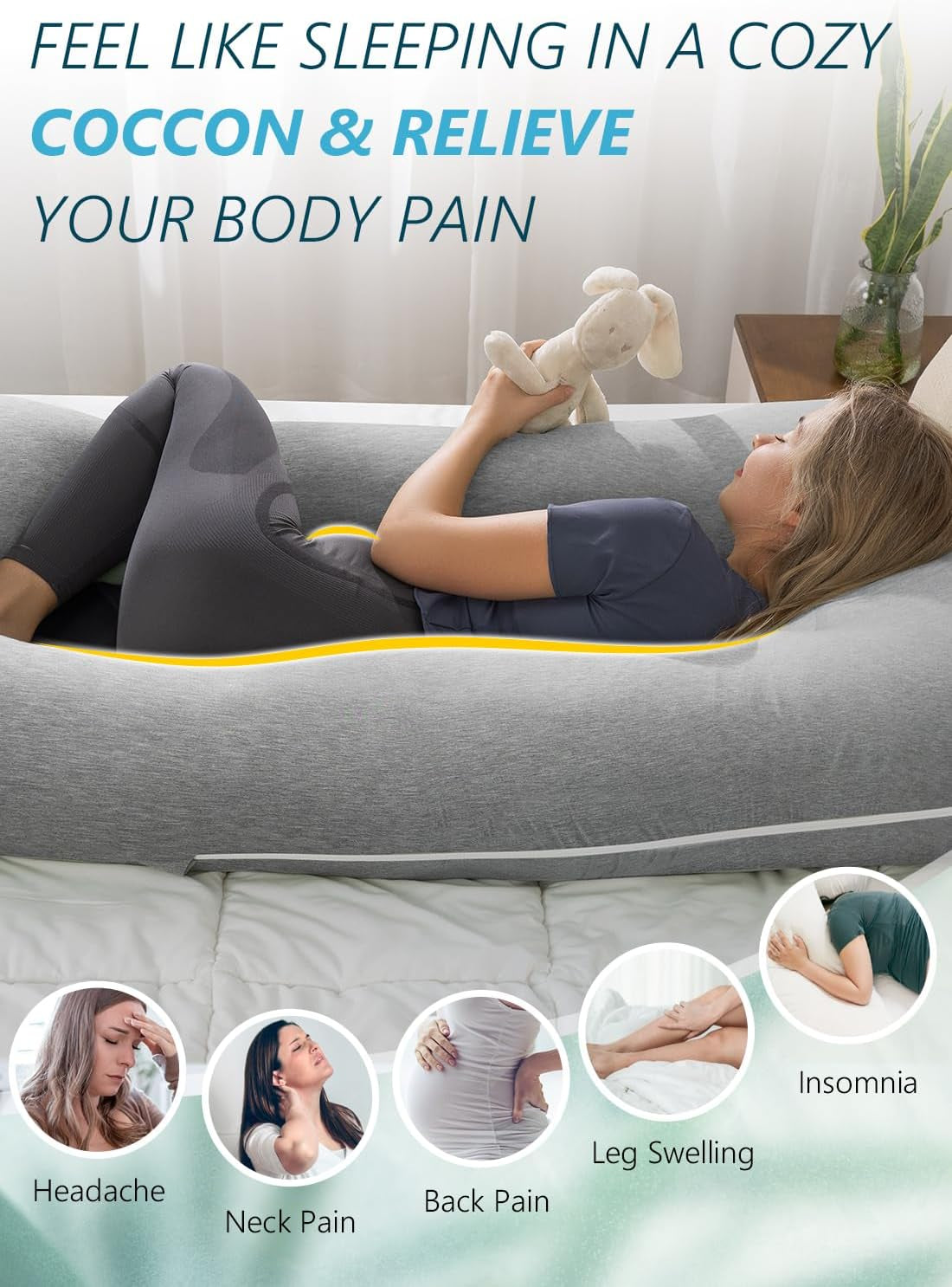 Grey Cooling Bamboo Rayon U-Shaped Pregnancy Pillow – 55 Inch