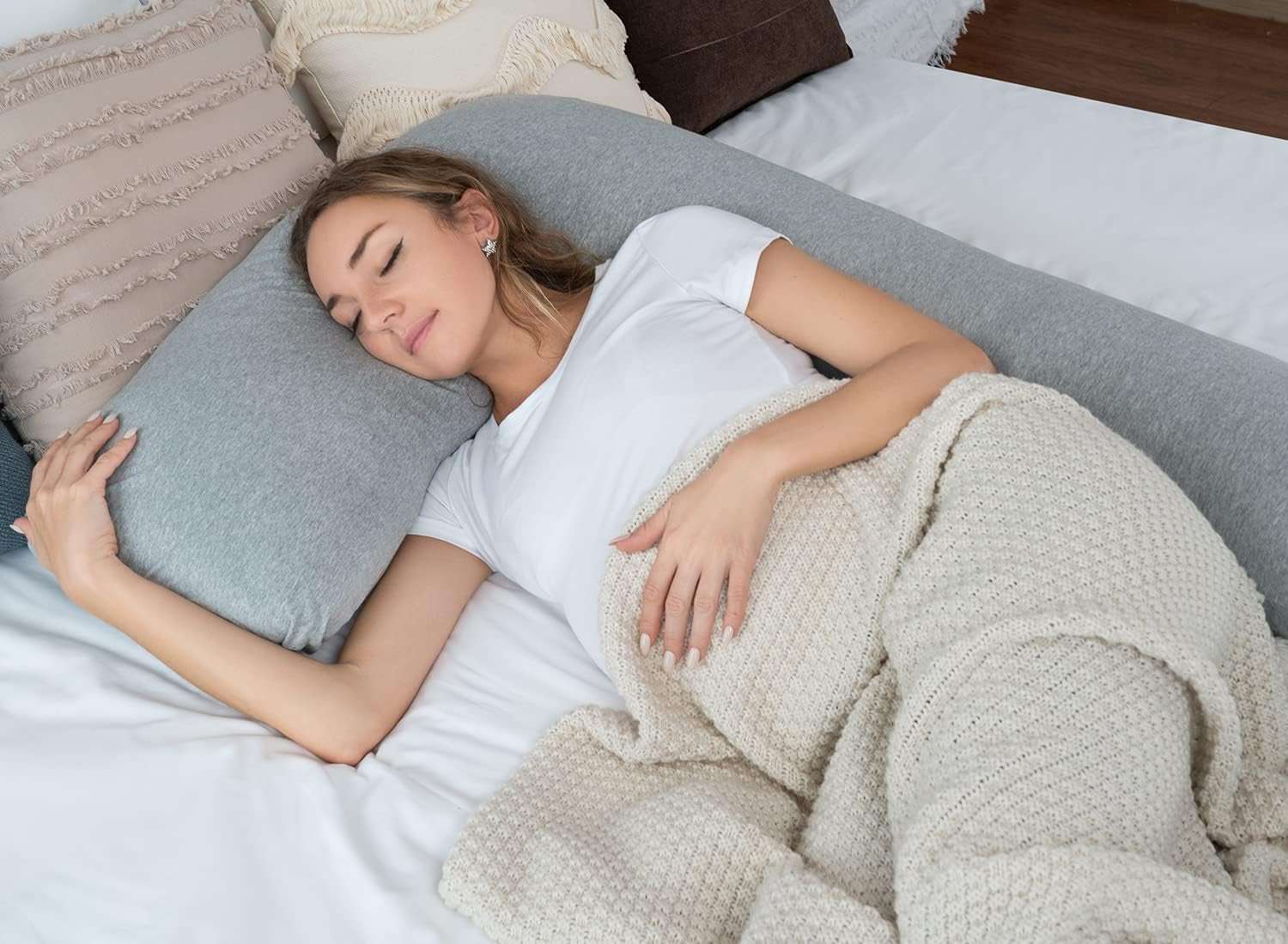 Gray L-Shaped Pregnancy Body Pillow with Jersey Cover